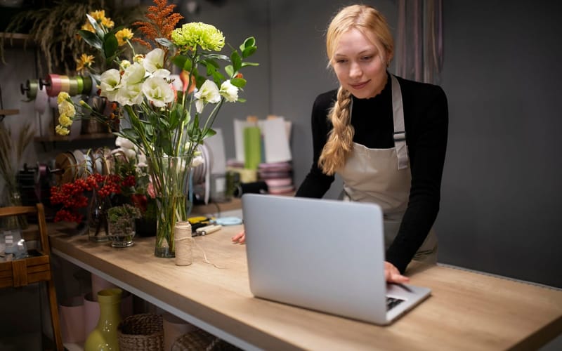 A small business owner updating her website on a laptop at her shop counter