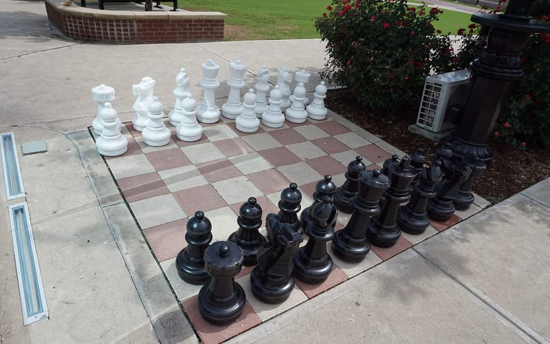 An oversized chess set on Courthouse Square in Sulphur Springs, Texas